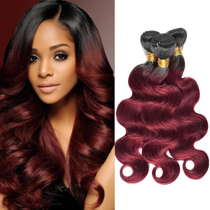 1B99j Ombre Burgundy Body Wave Bundles Black and Burgundy Body Wave Bundles two tone Brazilian Hair Weave Soft and Silky for Women 8 10 12 Inch