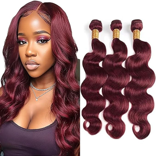 Wine Red Body Wave Bundles Human Hair Burgundy Color 99j Body Wave Bundles Brazilian Human Hair Weave Extensions Soft and Silky for Black Women 30 30 30 Inch