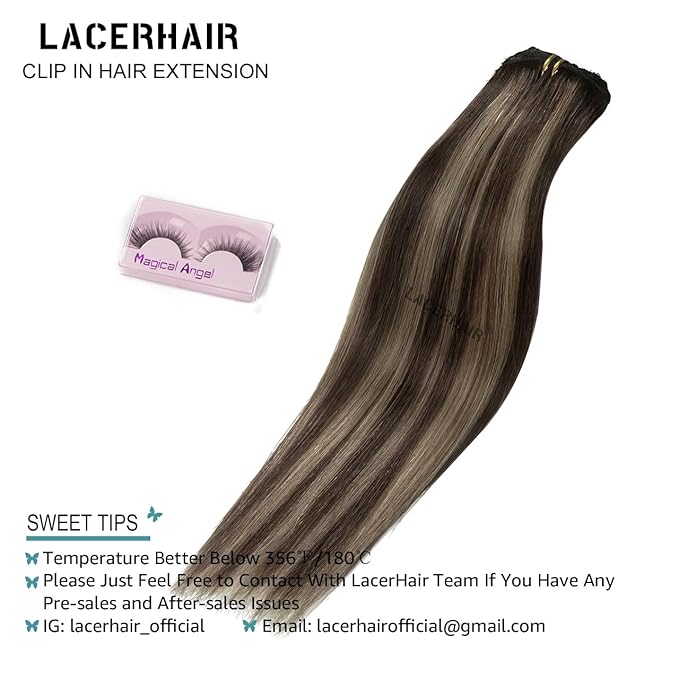 Lacer New Version Thick Hair Extensions Clip in Human Hair Silky Straight Dark Brown to Medium Brown Highlight Dark Brown R#2-2/6 140g 7pcs with 16 Clips per Set 22 Inch