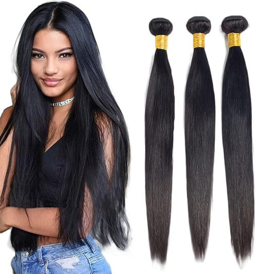 #1B Human Hair Bundles Straight Bundles 26 26 26 Inch Unprocessed Brazilian Virgin Hair Weave 3 Bundles 50 Grams Per Bundle Natural Color Bundle Human Hair Extensions