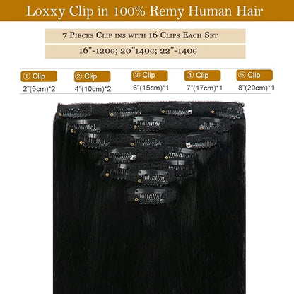 Loxxy 16 Inch New Version Thickened Double Weft Brazilian Hair 100% Human Remy Hair 9A Grade Black Human Hair Extensions Jet Black #1 120g 7 pcs 16 Clips
