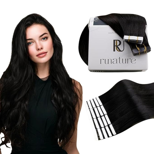 RUNATURE 20 Inch Tape in Hair Extensions Human Hair for Black Girl Invisible Tape ins Human Hair Extensions Brazilian Straight Tape in Extensions Remy Hair Long Glue in Hair Extensions Silky 50g 20pcs