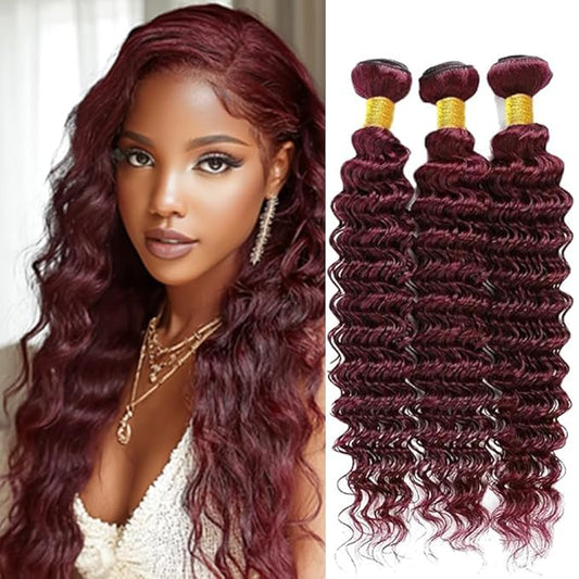 Burgundy Bundles Deep Wave Human Hair Wine Red Deep Wave Bundles Color 99j Brazilian Human Hair Weave Wet and Wavy Soft Silky for Black Woman 24 26 28 Inch