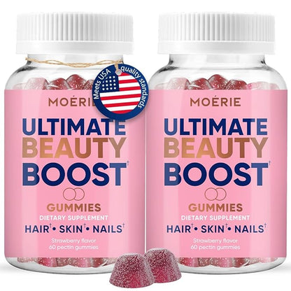 Moerie Hair Skin and Nails Gummies for Women & Men - Biotin for Hair Loss, Gummy Vitamins & Growth Dietary Supplements - Sugarbear for Thicker Hair - Allergen Free - 120 per Serving - Balanced Diet