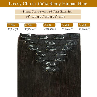 Loxxy 20 Inch Clip in Hair Extensions Human Hair Natural Black 9A Grade Brazilian Human Hair Extension Full Head Human Hair Extensions Clip in Remy Human Hair Color #1B 140g 7 pcs