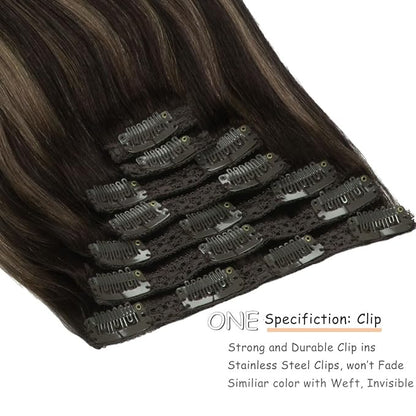 Caliee Lace Clip in Hair Extensions Human Hair 14Inch R1B-1B/6A Balayage Natural Black to Light Chestnut Brown Hair Extensions Clip ins Real Human Hair 7Pcs 120G Double Weft Thick Long Soft Silky
