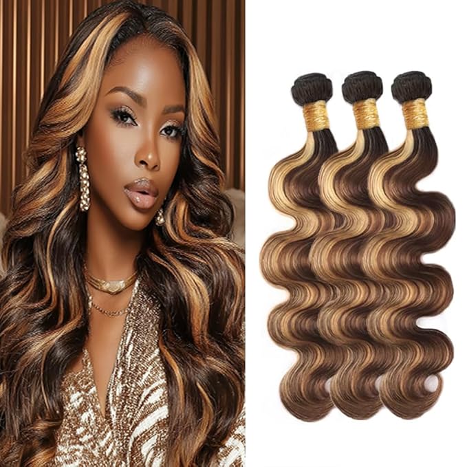 1BP427 Bundles Human Hair Highlight Body Wave Bundles Ombre Honey Blonde Two Tone Brazilian Human Hair Extensions Soft and Silky for Black Women 14 16 18 Inch