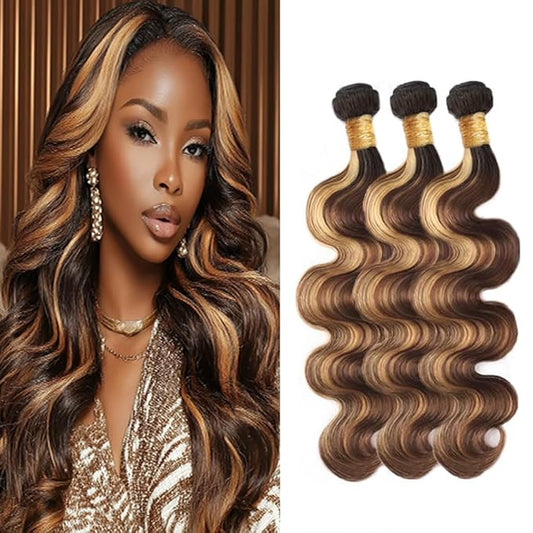 1BP427 Bundles Human Hair Highlight Body Wave Bundles Ombre Honey Blonde Two Tone Brazilian Human Hair Extensions Soft and Silky for Black Women 14 16 18 Inch