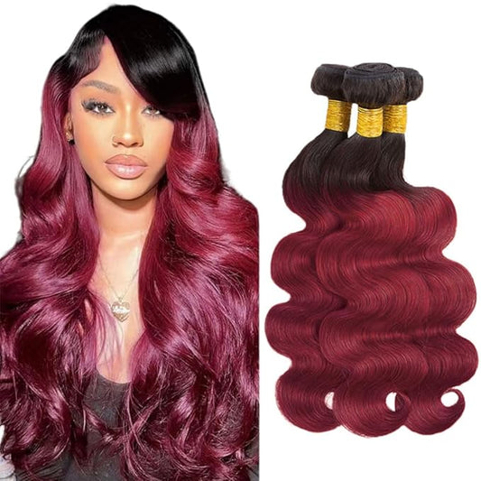 99j Body Wave Bundles Ombre Human Hair Bundles 26 28 30 Inch Niegmeag Grade 8A Brazilian Virgin Remy Hair Extensions 2 Tone Black and Red Bundle 300g