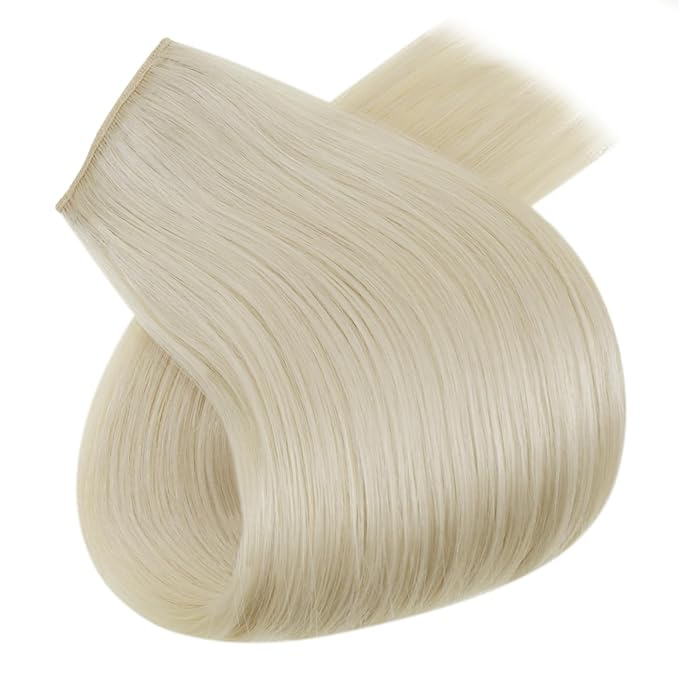 RUNATURE Wire Hair Extensions Blonde Human Hair Extensions with Transparent Fish Line, Real Human Hair, Clip in One Piece Extensions 18 Inch 80g #60 Platinum Blonde