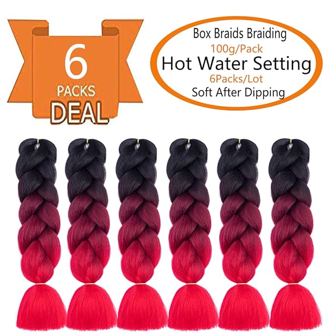 6 Packs Ombre Jumbo Braiding Hair Extensions 24 Inch High Temperature Synthetic Fiber Hair Extensions for Box Braids Braiding Hair (Black to Deep Red to Red)