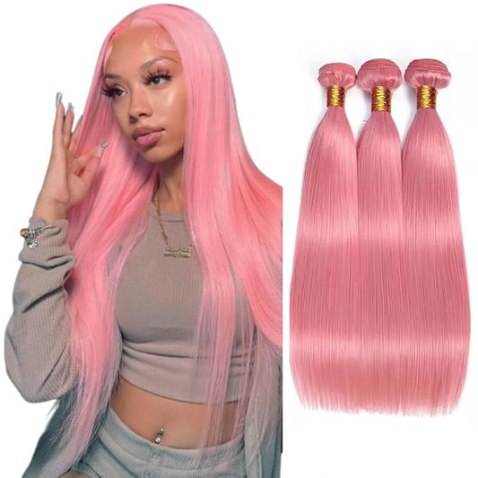 Pink Bundles Human Hair Pink Straight Bundles 18 20 22 Inch Niegmeag Virgin Remy Hair Extensions Double Weft Soft and Skily Light Pink Bundle