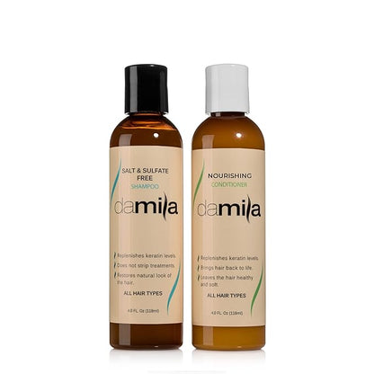 Damila Salt & Sulfate Free Shampoo & Conditioner for Keratin and Color Treated Hair - Professional Keratin Value Pack for Damaged, Frizzy, Curly, Dry & Thin Hair - Shampoo Sin Sal (4.0 Fl Oz)
