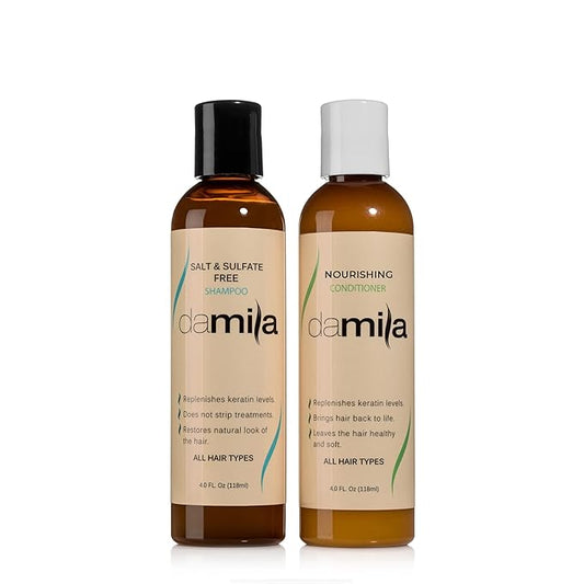 Damila Salt & Sulfate Free Shampoo & Conditioner for Keratin and Color Treated Hair - Professional Keratin Value Pack for Damaged, Frizzy, Curly, Dry & Thin Hair - Shampoo Sin Sal (4.0 Fl Oz)