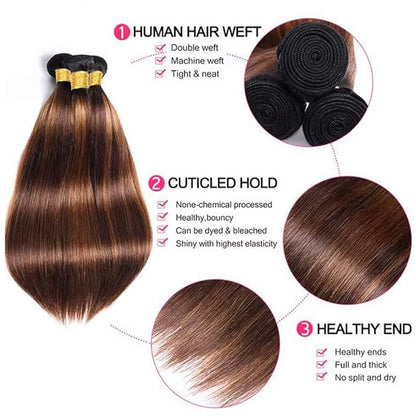 Ombre P430 Straight Bundles Human Hair Highlight Straight Bundles Brown and Light Brown two tone Brazilian Human Hair Soft and Silky for Black Women 26 28 30 Inch