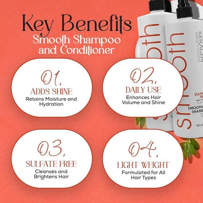 Keragen - Smoothing Shampoo and Conditioner with Keratin and Collagen for All Hair Types, Sulfate Free, 32 Oz - Moisturizes, Strengthens, Protects Color and Repair - Panthenol
