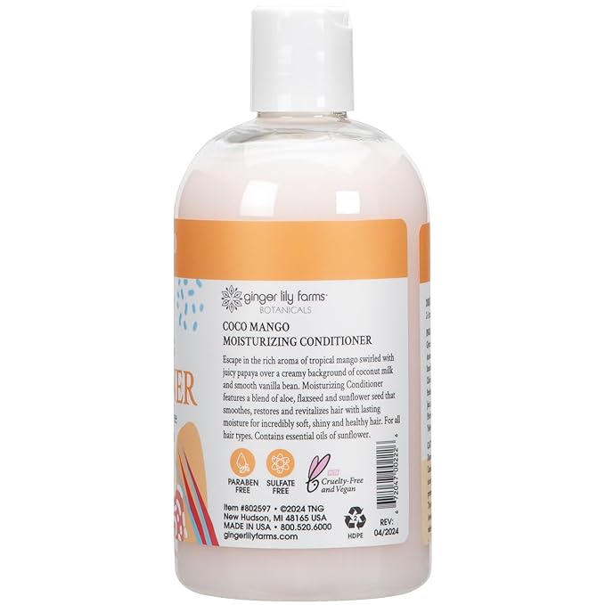 Ginger Lily Farms Botanicals Moisturizing Conditioner for Dry Hair, Coco Mango, 100% Vegan & Cruelty-Free, Coconut Mango Scent, 12 Fl Oz (Pack of 6)