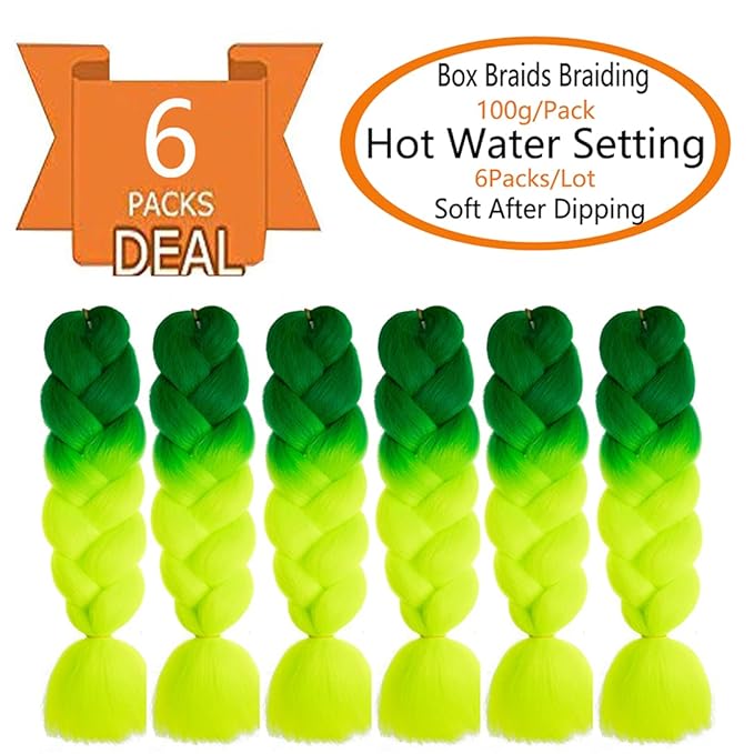 6 Packs Ombre Jumbo Braiding Hair Extensions 24 Inch High Temperature Synthetic Fiber Hair Extensions for Box Braids Braiding Hair (Deep Green to Yellow Green)