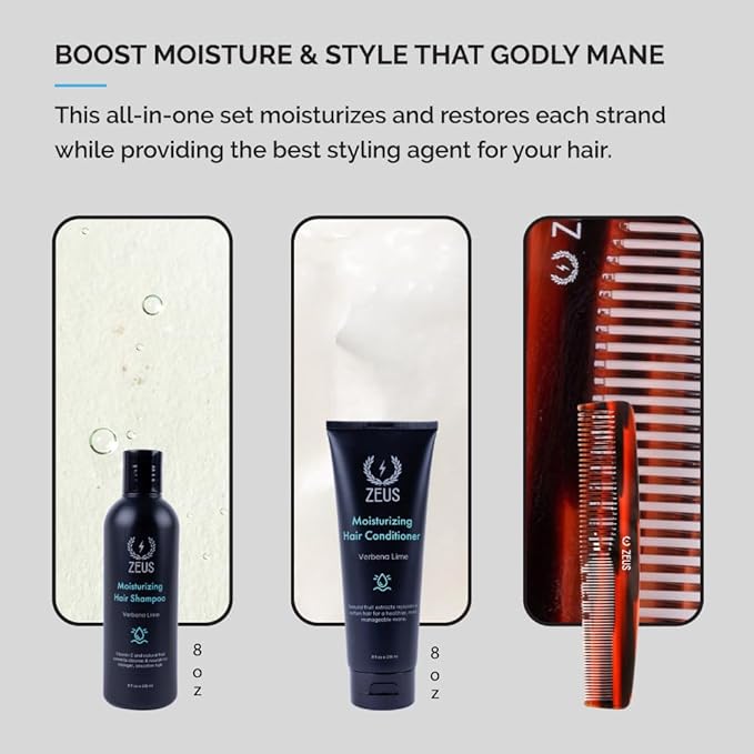 ZEUS Hair Wash & Pomade Set for Men, Moisturizing Shampoo, Hydrating Conditioner, Hair Comb & Styling Hair Pomade with Gift Tin (Clay Pomade)