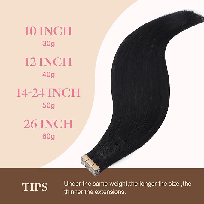 GOO GOO Tape in Hair Extensions Human Hair, 1 Jet Black, 14inch 20pcs 50g, Silky Straight, Thick Ends, Natural-Looking, Double-Sided Tape in