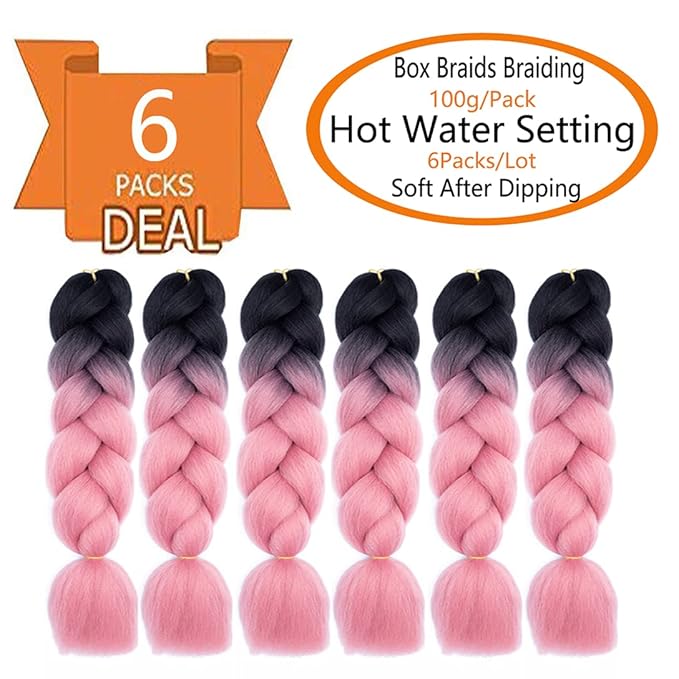 6 Packs Ombre Jumbo Braiding Hair Extensions 24 Inch High Temperature Synthetic Fiber Hair Extensions for Box Braids Braiding Hair (Black to Rouge Pink)