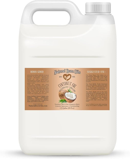 Coconut Oil Fractionated, 1 Gallon, Organic, Cold-Pressed, Carrier Oil, Fast-Absorbing, Deep Skin Care, Hair Health, Natural Born Oils.