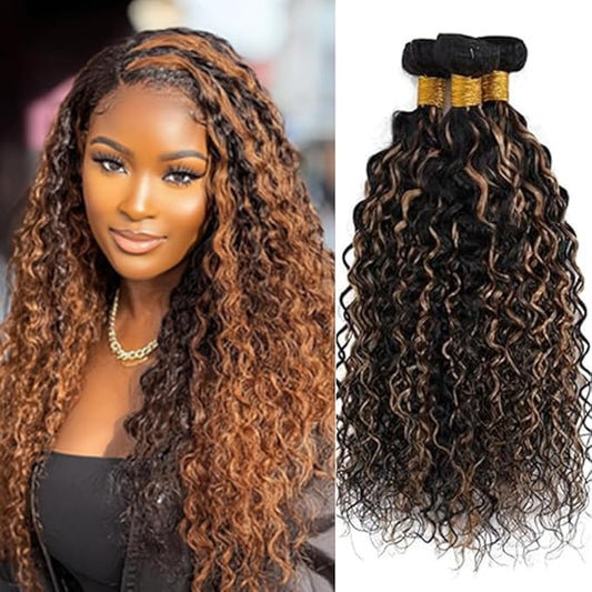 Ombre P1B/30 Curly Bundles Highlight Kinky Curly Bundles Black and Light Brown Human Hair Bundles two tone Brazilian Human Hair Wet and Wavy Soft Silky for Black Women 26 28 30 Inch