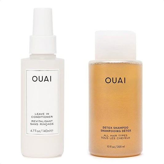 OUAI Hair Styling & Treatment Bundle - Includes Leave-In Conditioner & Detox Shampoo - Hair Care Products for Styling, Smoothing, Adding Hair Shine & Removing Product Build Up (2 Count, 4.7 Oz/10 Oz)
