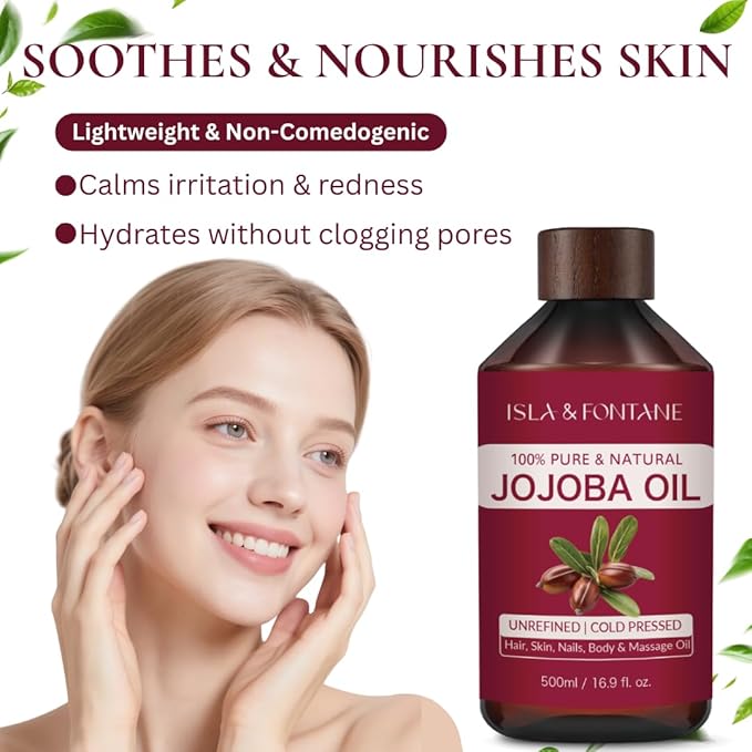 ISLA & FONTANE Jojoba Oil – 500ml (17 fl oz) | 100% Pure & Natural | Golden, Unrefined, Cold Pressed | Hexane-Free Carrier Oil for Skin, Hair, Face, Nails & Body Moisturizing