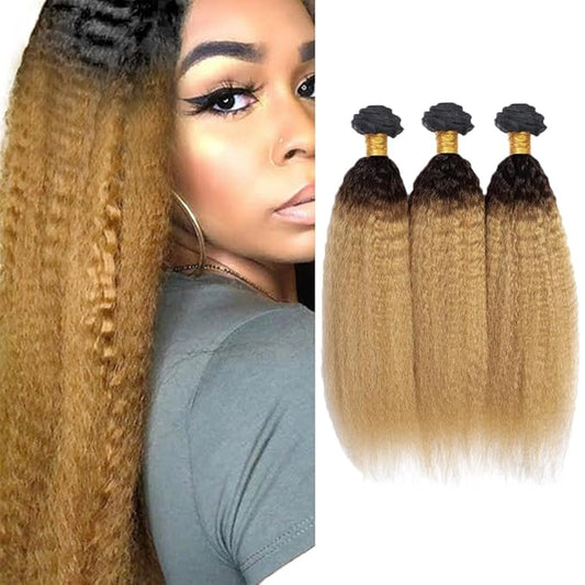 28 30 32 Inch 1B27 Human Hair Bundles Ombre Kinky Straight Bundles 2 Tone Black and Blonde Bundle Brazilian 8A Virgin Remy Hair Extensions Double Weft Hair Weave