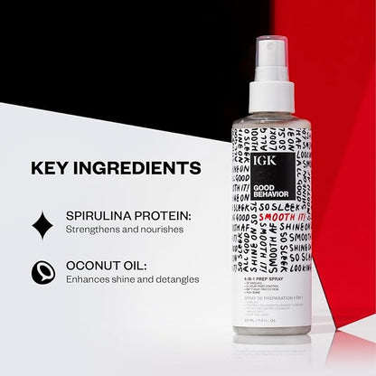 IGK GOOD BEHAVIOR Smoothing Frizz Fighters Set | 4-in-1 Prep Spray + Spirulina Protein Smoothing Spray | Frizz Control + Heat Protectant | Vegan + Cruelty Free