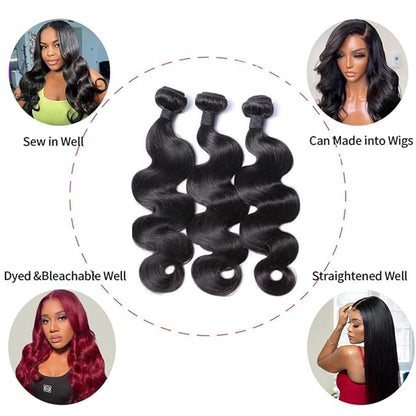 Body Wave Human Hair 3 Bundles (16 18 20) 100% Unprocessed Brazilian Virgin Human Hair Extensions Brazilian Body Wave Weave Bundles Soft and Silky Natural Black Wavy Hair Quick Weave Bundle for Women