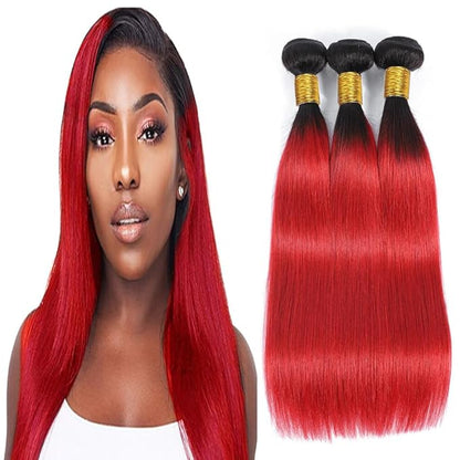 1B/Red Straight Human Hair Bundles 12 14 16 inch Two Tone Brazilian Virgin Remy Hair Extensions Two Tone Black Roots To Red Human Hair Bundles Soft and Silky For Women