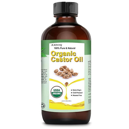 Organic Castor Oil (8.45oz Glass bottle) USDA Certified 100% Pure Natural, Cold Pressed, Hexane Free. Castor Oil for Hair Growth, Thicker Lashes & Fuller Brows