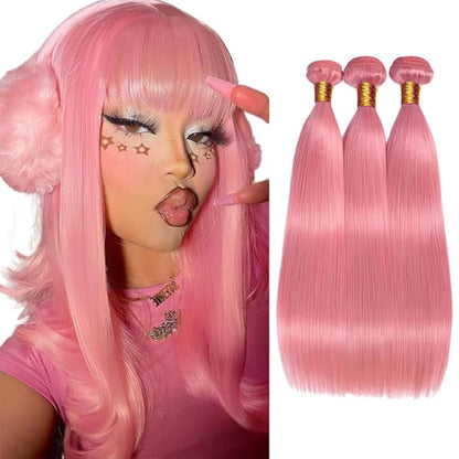 30 32 34 Inch Pink Straight Bundles Human Hair Pure Pink Bundles Niegmeag Hair Double Weft Grade 8A Brazilian Virgin Remy Hair Extensions For Woman 100g/Pc