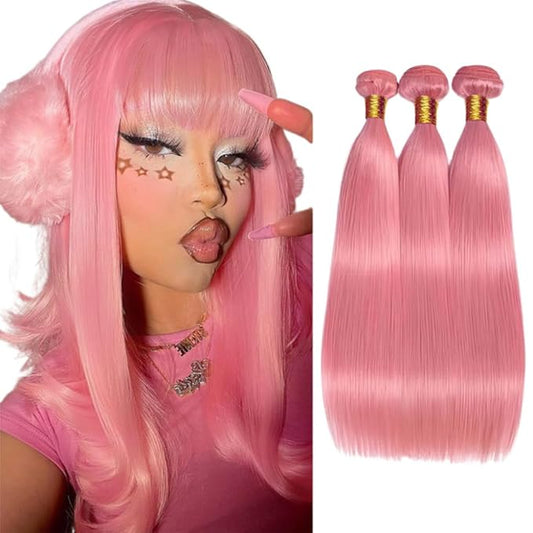 30 32 34 Inch Pink Straight Bundles Human Hair Pure Pink Bundles Niegmeag Hair Double Weft Grade 8A Brazilian Virgin Remy Hair Extensions For Woman 100g/Pc