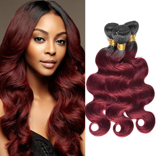 1B99j Ombre Body Wave Bundles Two Tone Black and Burgundy Body Wave Bundles Brazilian Human Hair Weave Soft and Silky for Women 24 26 28 Inch