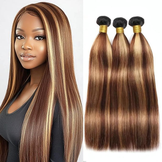 P427 Straight Bundles Human Hair Highlight Straight Bundles Brown and Blonde Double Weft Brazilian Human Hair Extensions Soft and Silky for Black Women 22 24 26 Inch