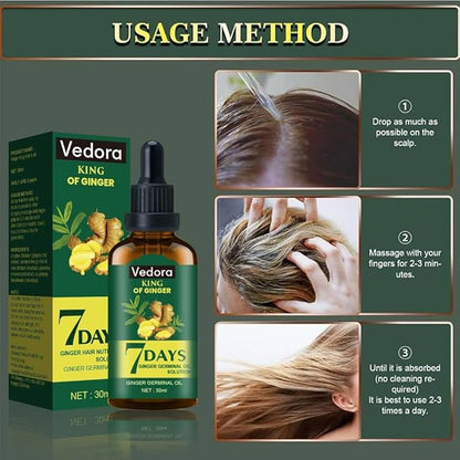 Vedora Ginger Oil for Hair Growth - Biotin Hair Growth Serum, 100% Pure Natural Ginger Essential Oil - Promotes Stronger, Thicker, Longer Hair in Women & Men - 3.0 Fl Oz / 90ML (3pc+Roller)