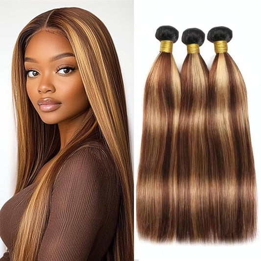 P427 Straight Bundles Highlight Ombre Dark Brown and Honey Blonde Bundles Two Tone Brazilian Human Hair Extensions Soft and Silky for Black Women 8 10 12 Inch