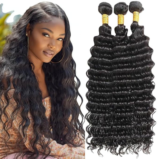 #1B Loose Deep Wave Bundles Color 1B Deep Wave Human Hair Bundles 8a Grade Double Weft Weave Extensions Brazilian Human Hair Wet and Wavy Soft Silky for Black Women 24 26 28 Inch