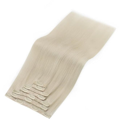 YoungSee Clip on Hair Extensions Blonde Clip in Hair Extensions Human Hair Platinum Blonde Double Weft Lace Real Human Hair Extensions 22In 120G 7Pcs