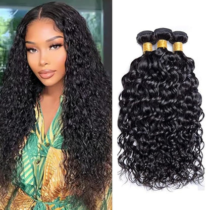 Color 1B Water Wave Human Hair Bundles Natural Black Water Wave Bundles Brazilian Hair Extensions 30 32 34 Inch Soft and Silky for Women