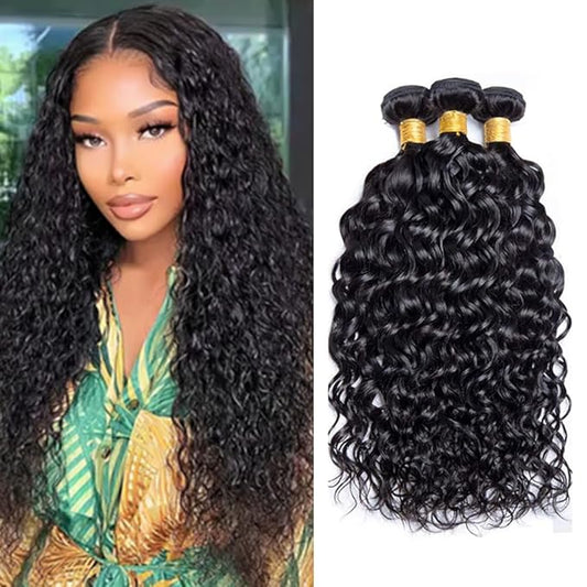 Color 1B Water Wave Human Hair Bundles Natural Black Water Wave Bundles Brazilian Hair Extensions 30 32 34 Inch Soft and Silky for Women