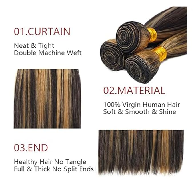 P1B27 Human Hair Bundles Highlight Straight Bundles Black and Honey Blonde Straight Human Hair Brazilian Weave Soft and Silky for Black Women 18 18 18 Inch