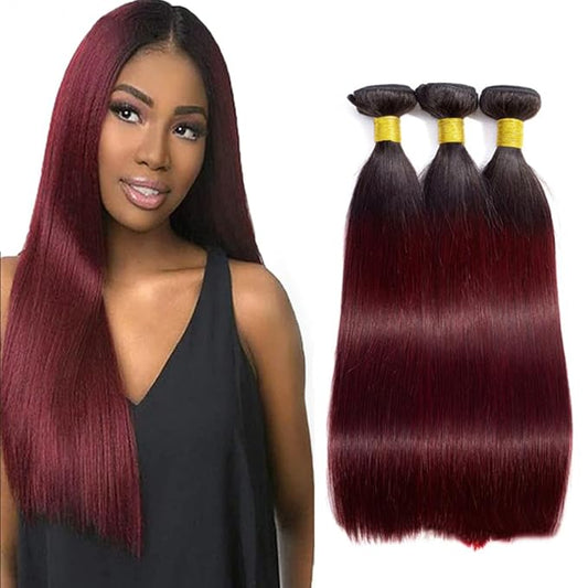 Burgundy Human Hair Bundles 1B99j Two Tone Black and Burgundy Straight Bundles 18 20 22 inch Double Weft Brazilian Virgin Remy Hair Extensions Soft and Silky For Black Women