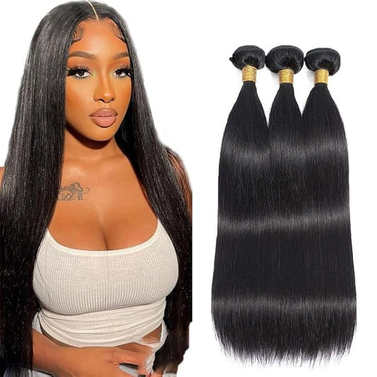 Human Hair Bundles Color #1B Straight Human Hair Bundles Brazilian Grade 8A Virgin Hair Extensions 22 24 26 Inch Natural Black Straight Hair Weave