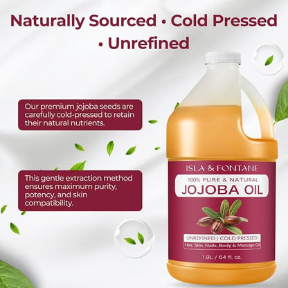 ISLA & FONTANE Jojoba Oil – 64 fl oz | 100% Pure & Natural | Golden, Unrefined, Cold Pressed | Hexane-Free Carrier Oil for Skin, Hair, Face, Nails & Body Moisturizing
