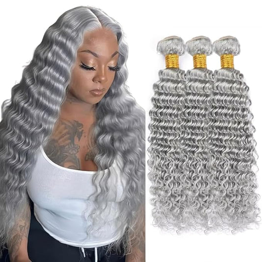 26 28 30 Inch Grey Human Hair Bundles Light Grey Deep Wave Bundles Niegmeag Peruvian Virgin Hair Extensions Sliver Bundle Hair Weave