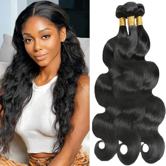 Color 1B Body Wave Human Hair Bundles #1B Body Wave Bundles Double Weft Brazilian Human Hair Soft and Silky for Black Women 10 10 10 Inch